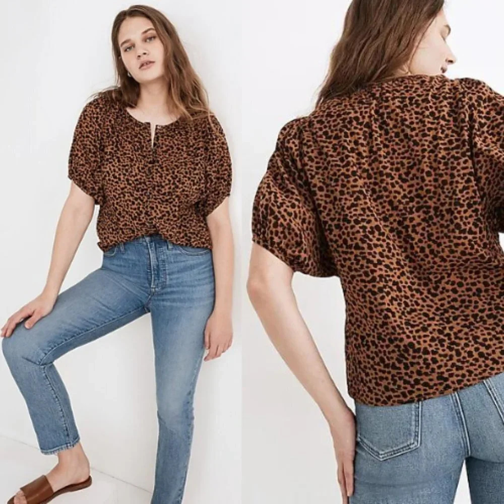 Madewell Balloon-Sleeve Button-Up Top Leopard 30922